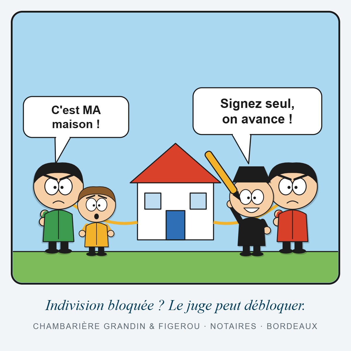 Cartoon – indivision bloquée, le juge peut autoriser la vente